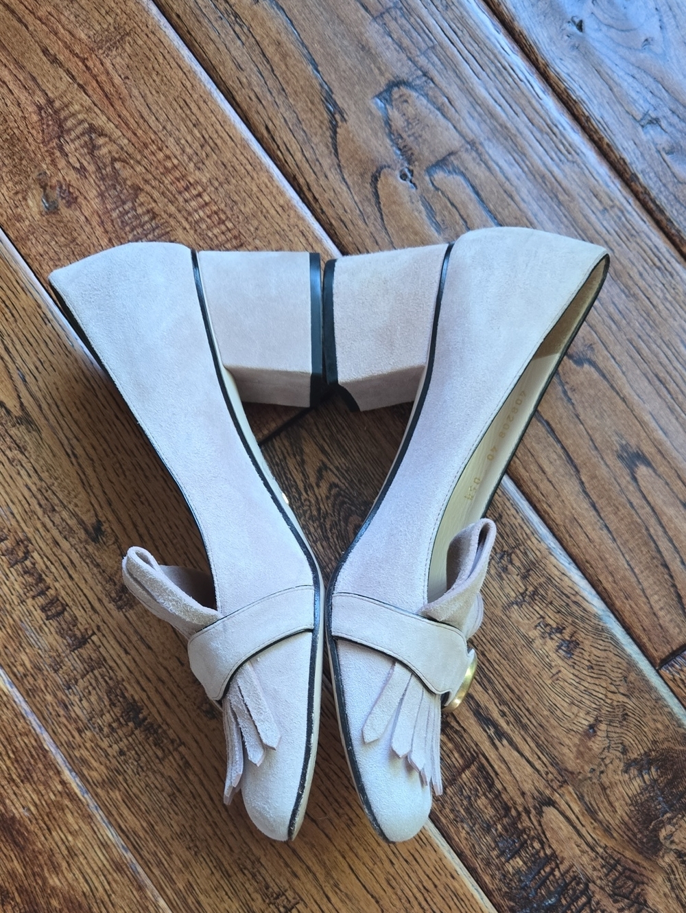 Gucci Pink Suede Fringe Block Heel Loafers with Gold Double-G - Picture 4 of 10